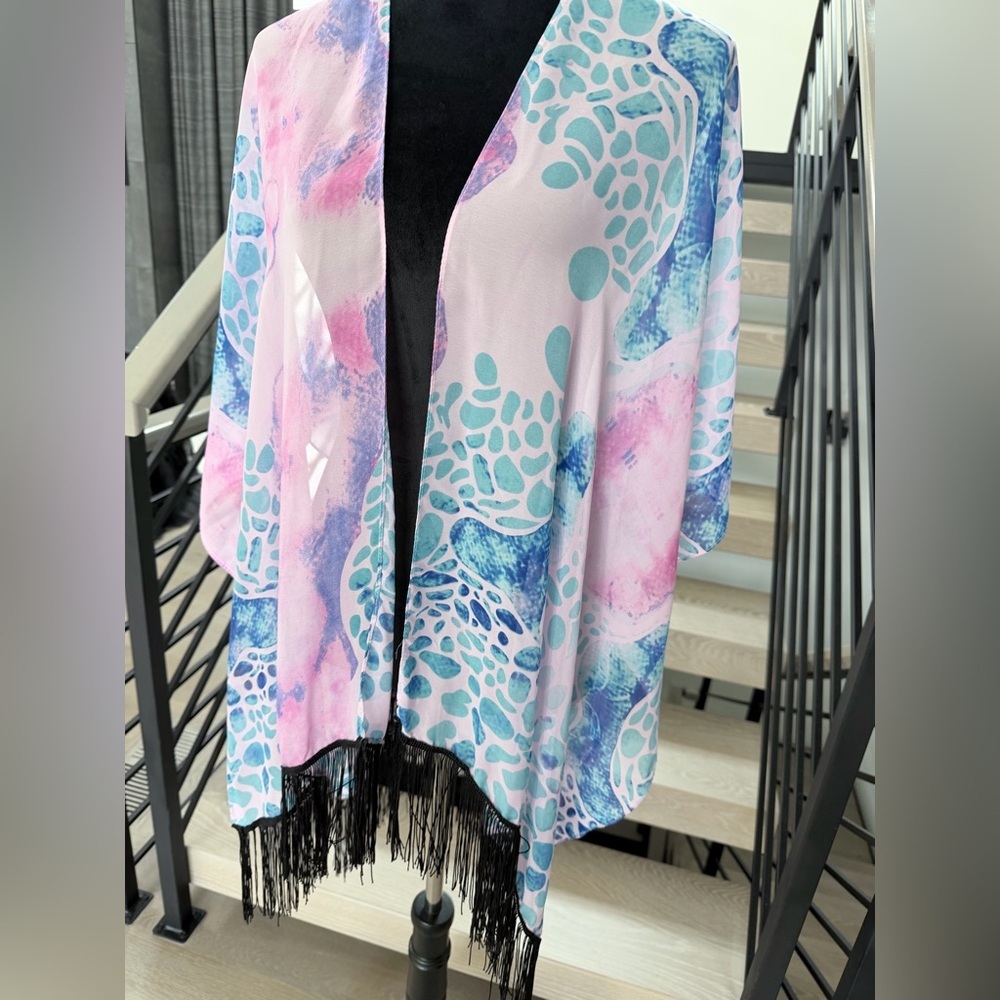 New Bohemian Beach Vacation Pink and Blue Shawl Kimono Cover up with Fringe - Picture 3 of 6